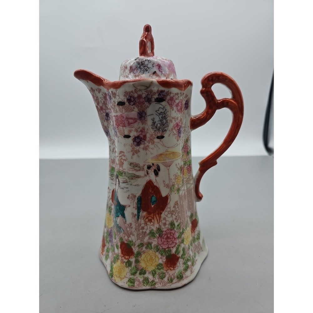 Vintage Japanese Orange Geisha Ware Hand Painted Porcelain Chocolate Pot W/Lid